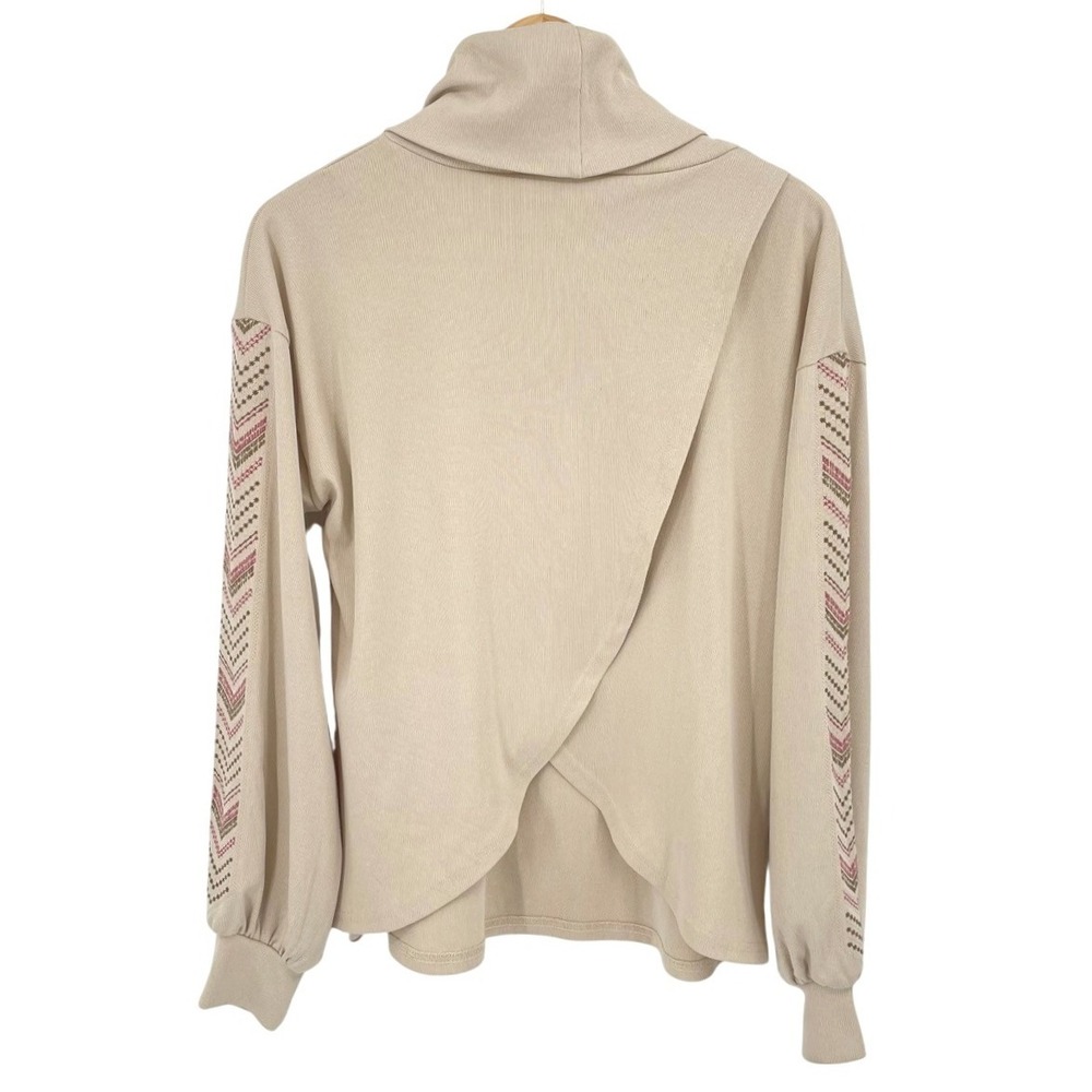 Savanna Jane Boho Embroidered Sleeve Ribbed Cowl Neck Pullover Sweater Size L